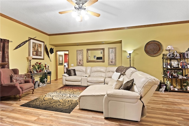 living room with a textured ceiling, ceiling fan, crown molding, and light hardwood / wood-style flooring