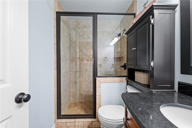 bathroom with vanity, toilet, and a shower with shower door