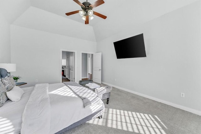 bedroom with lofted ceiling, light carpet, and ceiling fan