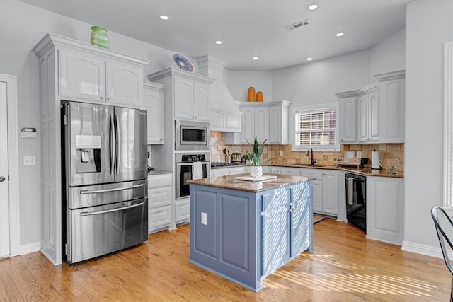 kitchen with a kitchen island, appliances with stainless steel finishes, white cabinets, and decorative backsplash