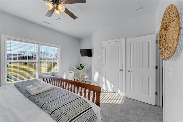 bedroom with ceiling fan, a closet, and carpet