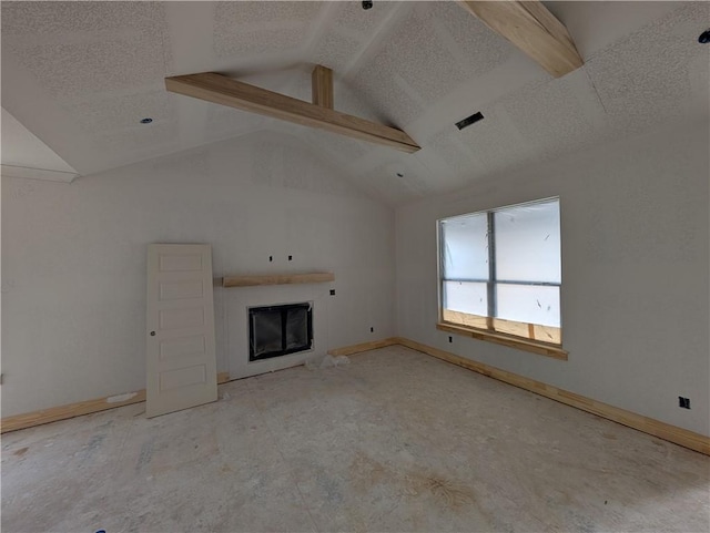 unfurnished living room with a fireplace, visible vents, vaulted ceiling, a textured ceiling, and baseboards