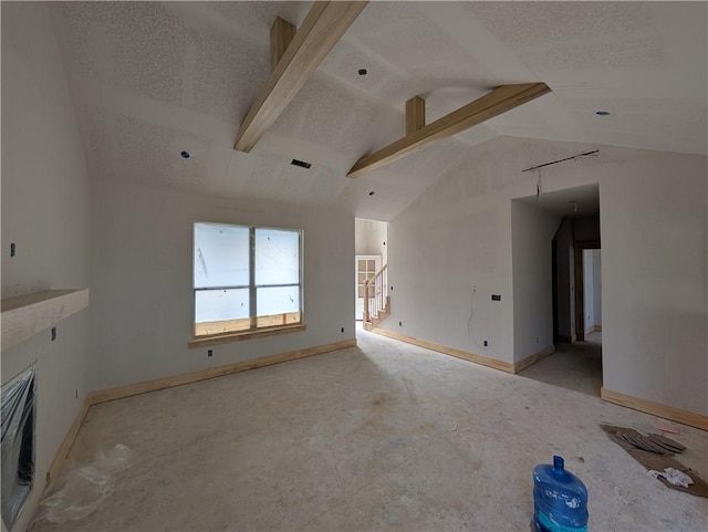 unfurnished living room featuring a fireplace, visible vents, baseboards, vaulted ceiling, and stairs