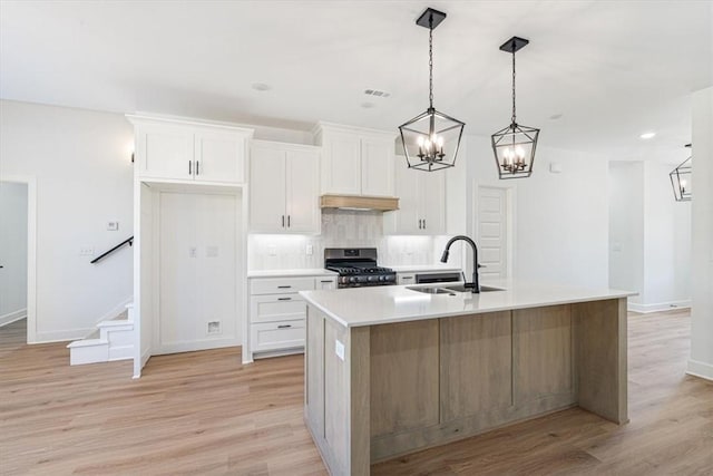 kitchen featuring white cabinets, an island with sink, stainless steel gas range, and sink