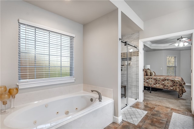 bathroom featuring separate shower and tub, a wealth of natural light, crown molding, and ceiling fan