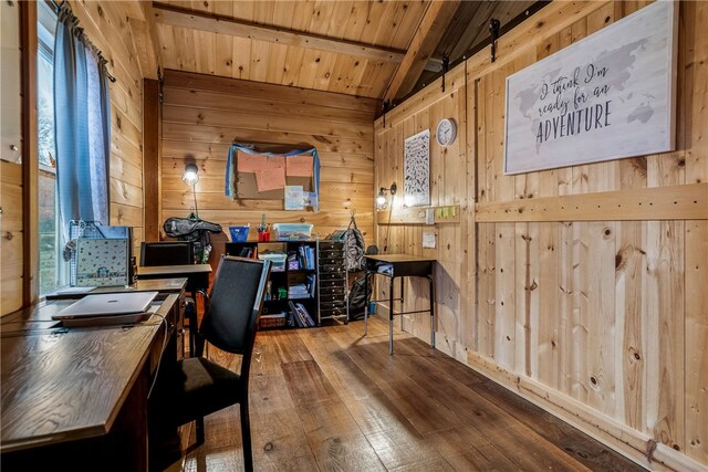 office space featuring hardwood / wood-style flooring, wooden ceiling, wood walls, and lofted ceiling with beams