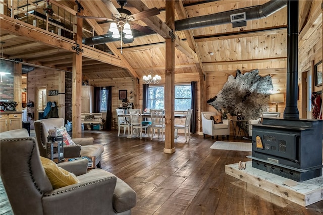 interior space with dark hardwood / wood-style flooring, wooden walls, and a wood stove