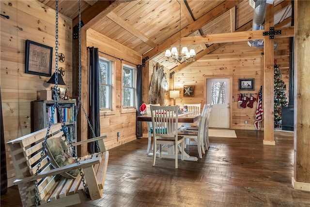 dining room featuring vaulted ceiling with beams, wooden walls, dark wood-style floors, and wooden ceiling