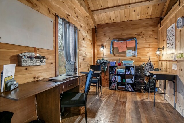 office with wooden ceiling, wood-type flooring, wood walls, and beamed ceiling