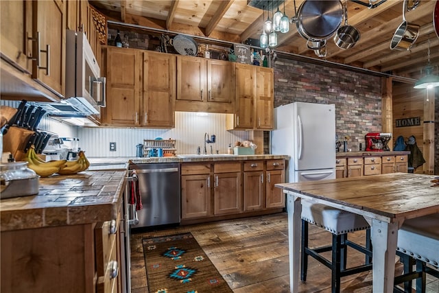 kitchen with wood ceiling, wooden counters, dark wood-type flooring, white fridge, and stainless steel dishwasher