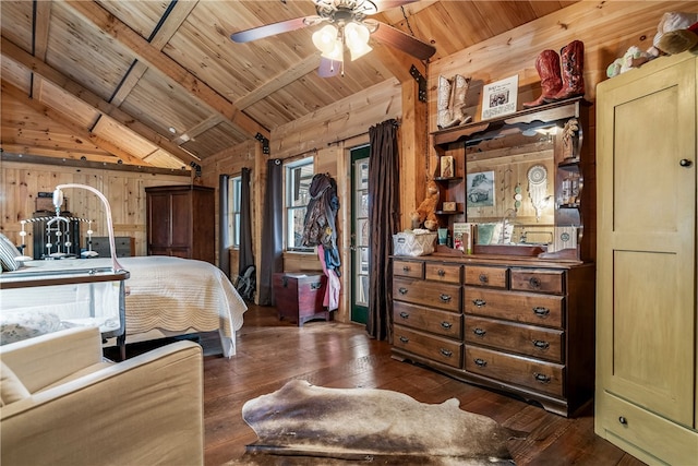 bedroom with wooden ceiling, dark wood finished floors, lofted ceiling with beams, and wooden walls