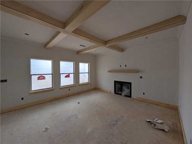 unfurnished living room featuring beam ceiling, coffered ceiling, a fireplace, and baseboards