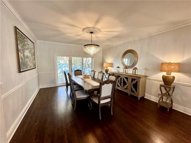 dining space with a chandelier, dark hardwood / wood-style floors, and ornamental molding