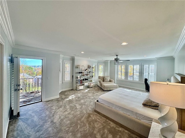 carpeted bedroom with access to outside, crown molding, and ceiling fan