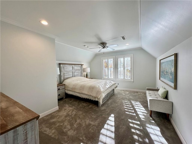 carpeted bedroom featuring ceiling fan, lofted ceiling, and ornamental molding