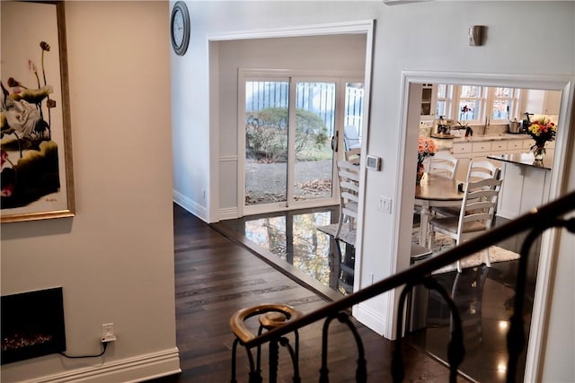 hall featuring sink and dark wood-type flooring