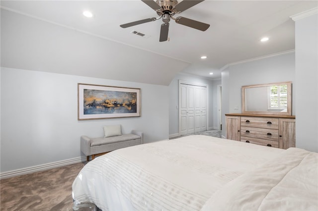 carpeted bedroom with visible vents, baseboards, a closet, ornamental molding, and recessed lighting