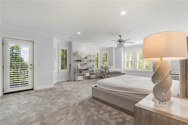 bedroom featuring crown molding, recessed lighting, baseboards, and carpet