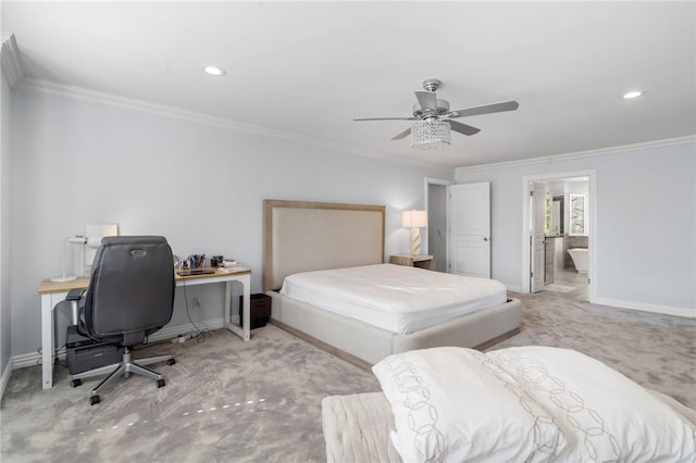 carpeted bedroom with connected bathroom, recessed lighting, baseboards, a ceiling fan, and ornamental molding
