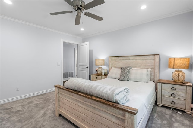 bedroom featuring recessed lighting, carpet flooring, baseboards, and ornamental molding