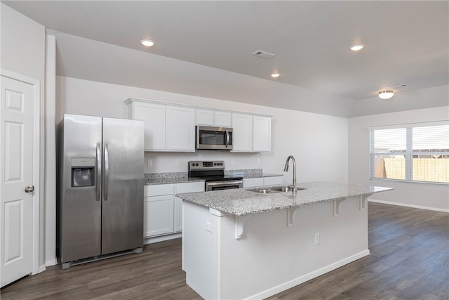 kitchen featuring sink, stainless steel appliances, dark hardwood / wood-style floors, an island with sink, and white cabinets