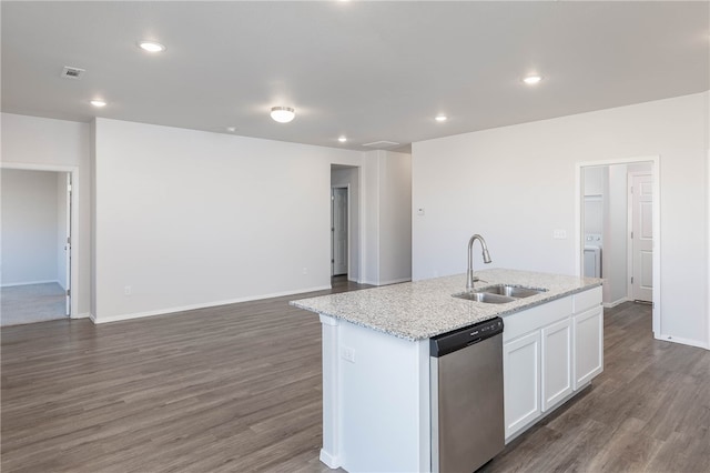 kitchen featuring white cabinetry, sink, dark hardwood / wood-style flooring, stainless steel dishwasher, and an island with sink