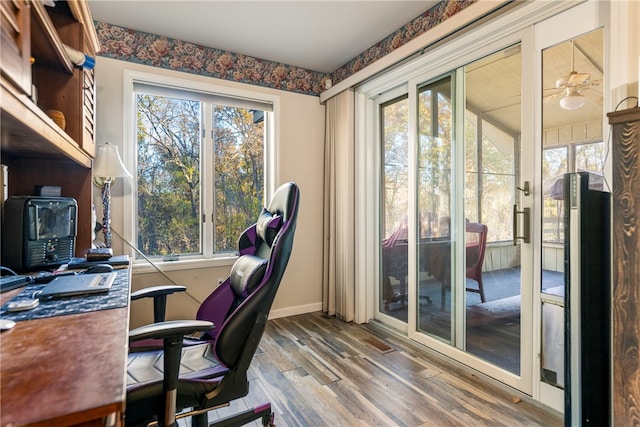 office area with hardwood / wood-style flooring, ceiling fan, and a healthy amount of sunlight