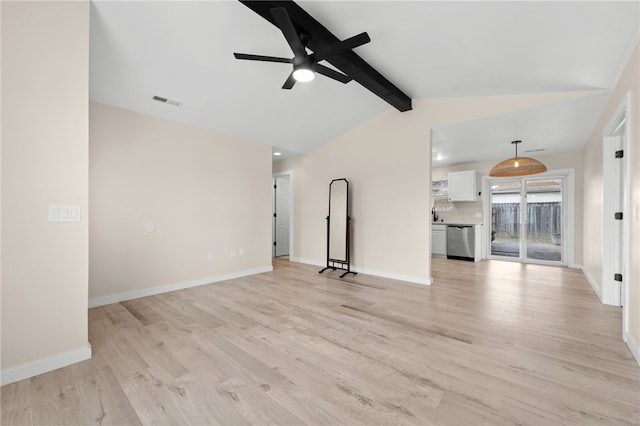 unfurnished living room with vaulted ceiling with beams, ceiling fan, and light wood-type flooring