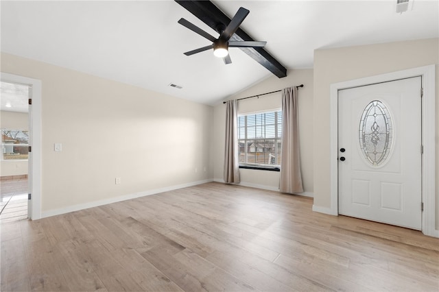 entrance foyer with light wood-type flooring, lofted ceiling with beams, and ceiling fan