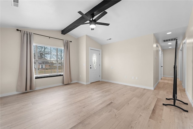 unfurnished living room with vaulted ceiling with beams, ceiling fan, and light hardwood / wood-style floors