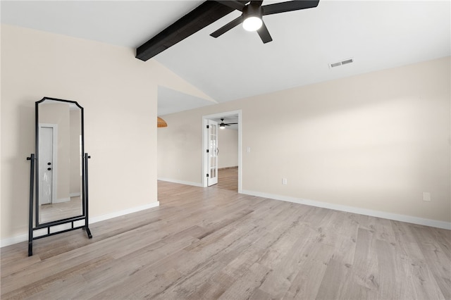 spare room featuring lofted ceiling with beams, light hardwood / wood-style floors, and ceiling fan