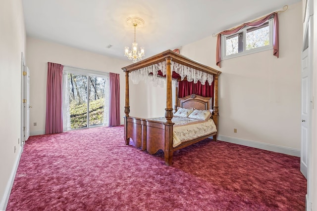 unfurnished bedroom with carpet floors and a chandelier