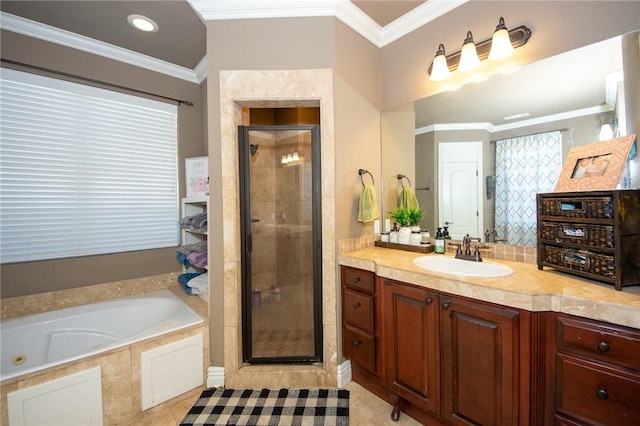 bathroom with crown molding, tile patterned floors, vanity, and separate shower and tub