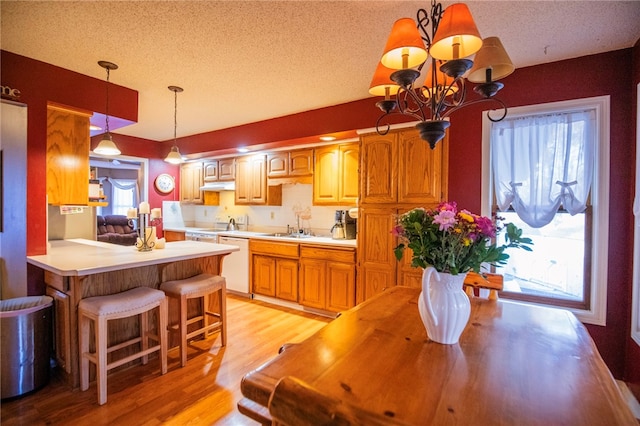 kitchen with an inviting chandelier, white dishwasher, pendant lighting, light hardwood / wood-style floors, and a textured ceiling