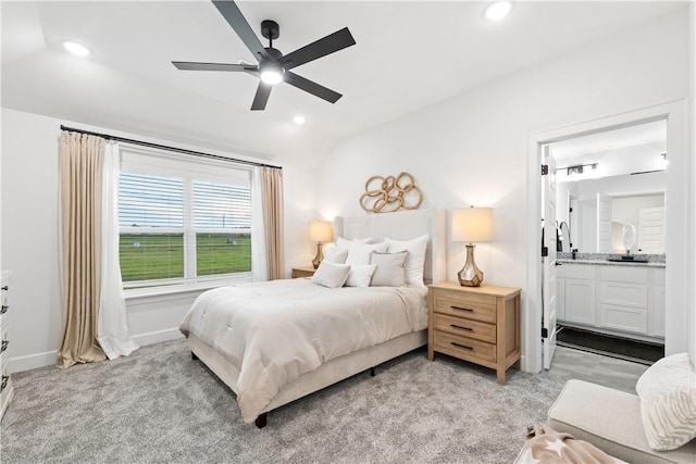 6309 NW Harley St, Bentonville, AR 72713 - bedroom with recessed lighting, light carpet, connected bathroom, lofted ceiling, and ceiling fan