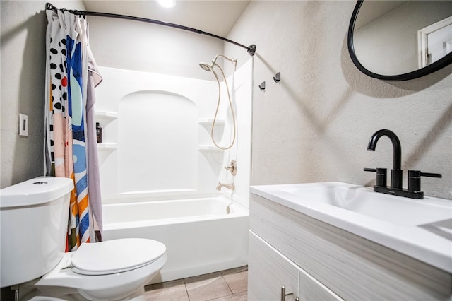 full bathroom with shower / bathtub combination with curtain, vanity, tile patterned floors, and toilet