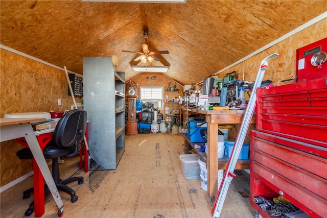 office area featuring a workshop area, ceiling fan, and lofted ceiling