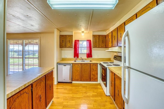 kitchen with a textured ceiling, sink, light hardwood / wood-style floors, and white appliances