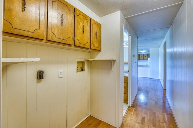 clothes washing area featuring washer hookup, light hardwood / wood-style floors, cabinets, and wooden walls