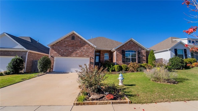 view of front of property with a garage and a front lawn