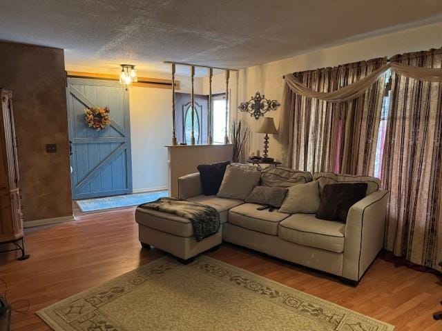 living room with hardwood / wood-style floors and a textured ceiling