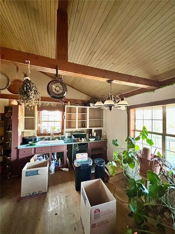 miscellaneous room featuring sink, an inviting chandelier, vaulted ceiling with beams, wood-type flooring, and wood ceiling