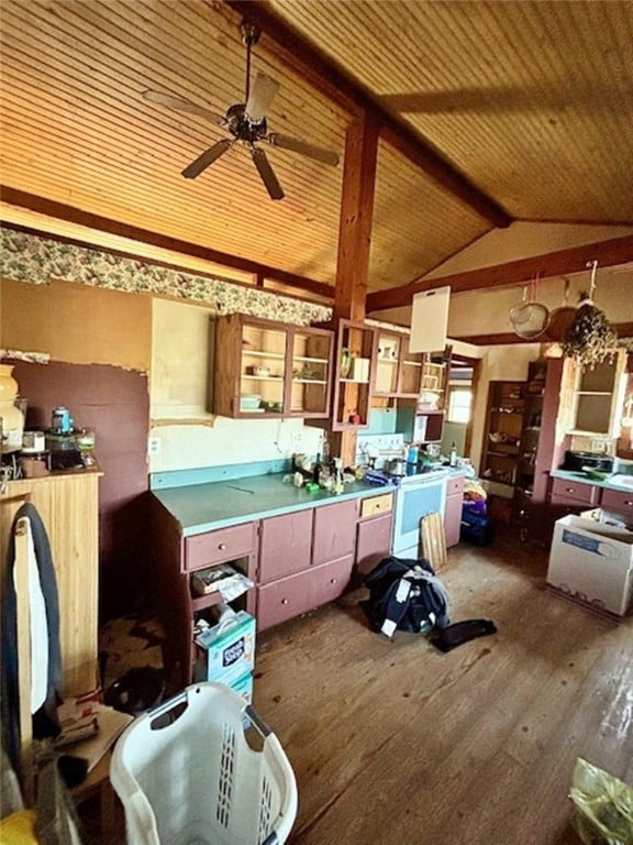 interior space featuring wood ceiling, ceiling fan, dark wood-type flooring, and lofted ceiling with beams