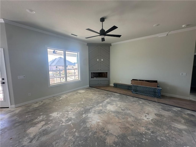 unfurnished living room with ceiling fan, baseboards, and ornamental molding