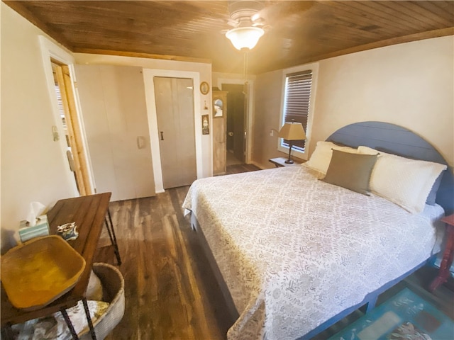 bedroom featuring ceiling fan, dark hardwood / wood-style flooring, and wood ceiling