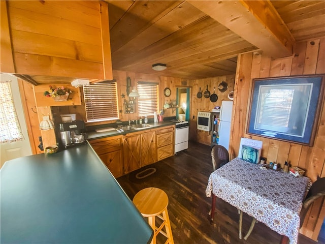 kitchen with wood walls, a healthy amount of sunlight, white appliances, and sink