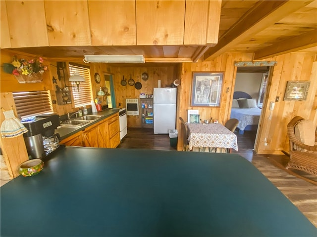 kitchen with sink, white appliances, dark wood-type flooring, and wood walls