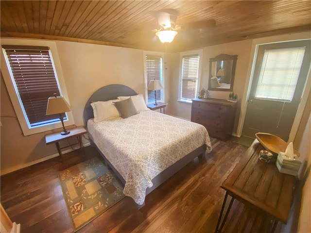 bedroom with ceiling fan, dark hardwood / wood-style floors, wooden ceiling, and multiple windows