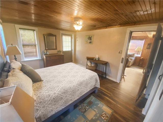 bedroom with ceiling fan, dark hardwood / wood-style flooring, and wood ceiling