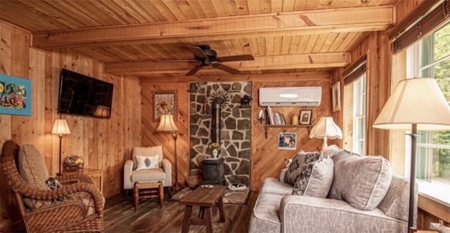 living area featuring a wall mounted air conditioner, wood ceiling, dark wood-type flooring, and wooden walls